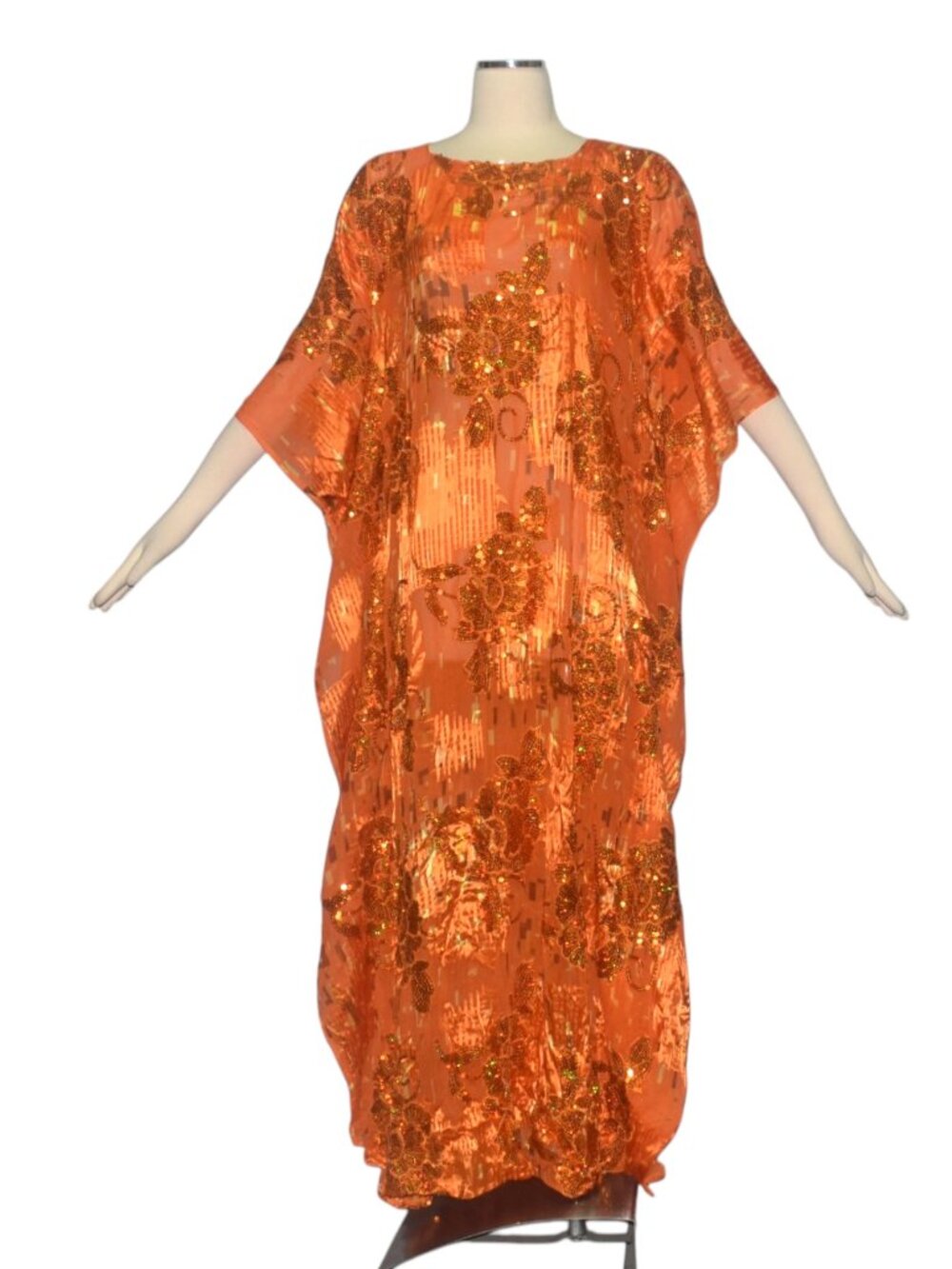 Vibrant Orange with Floral Sequin Design Caftan Dress Retro M L